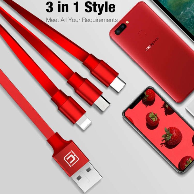 CAFELE 3 In 1 8 Pin + Micro USB + Type-C / USB-C Charging Data Cable, Length: 1.2m(Red)