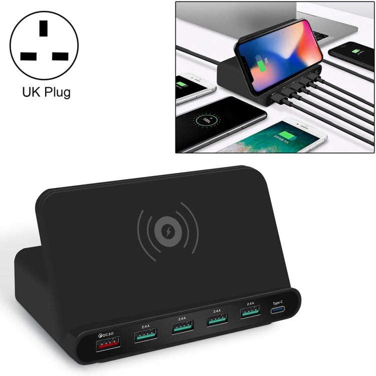 828W 7 in 1 60W QC 3.0 USB Interface + 4 USB Ports + USB-C / Type-C Interface + Wireless Charging...