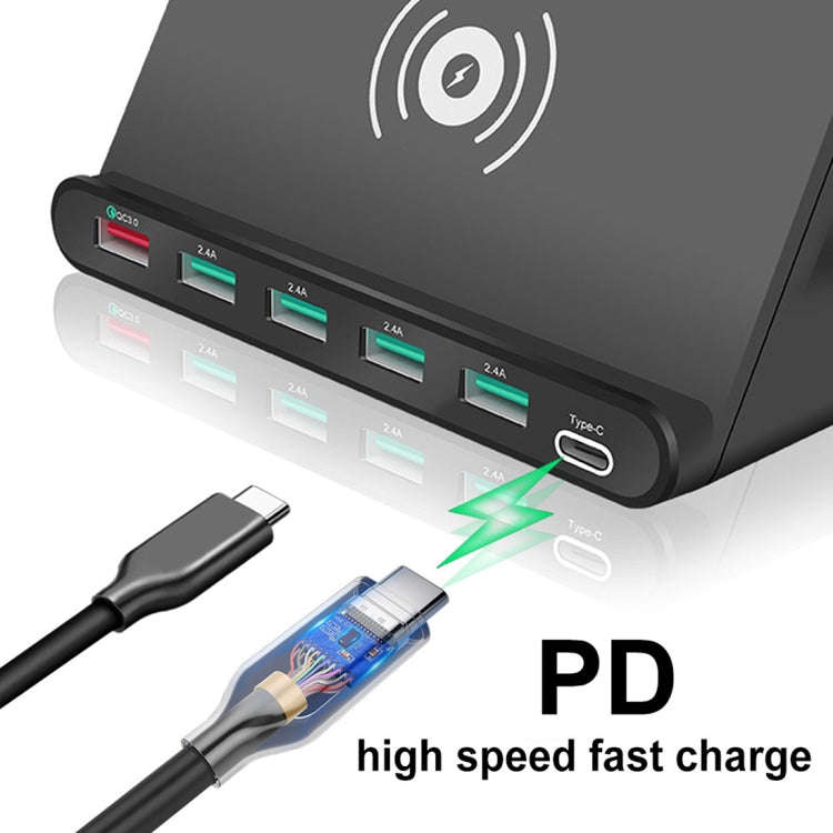 828W 7 in 1 60W QC 3.0 USB Interface + 4 USB Ports + USB-C / Type-C Interface + Wireless Charging...