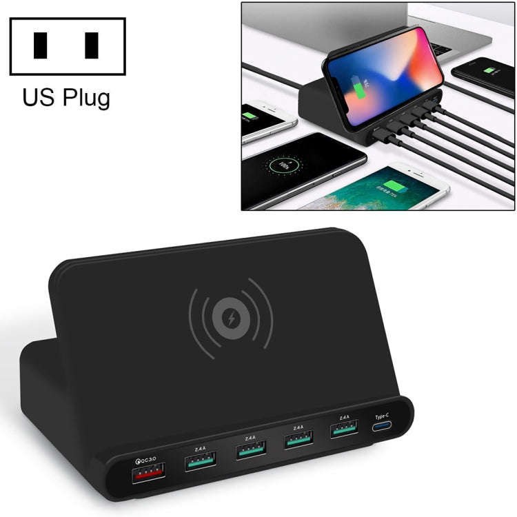 828W 7 in 1 60W QC 3.0 USB Interface + 4 USB Ports + USB-C / Type-C Interface + Wireless Charging...