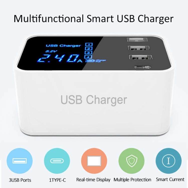 CDA30 20W 3 USB Ports + USB-C / Type-C Ports Multi-function Charger with LED Display, EU Plug