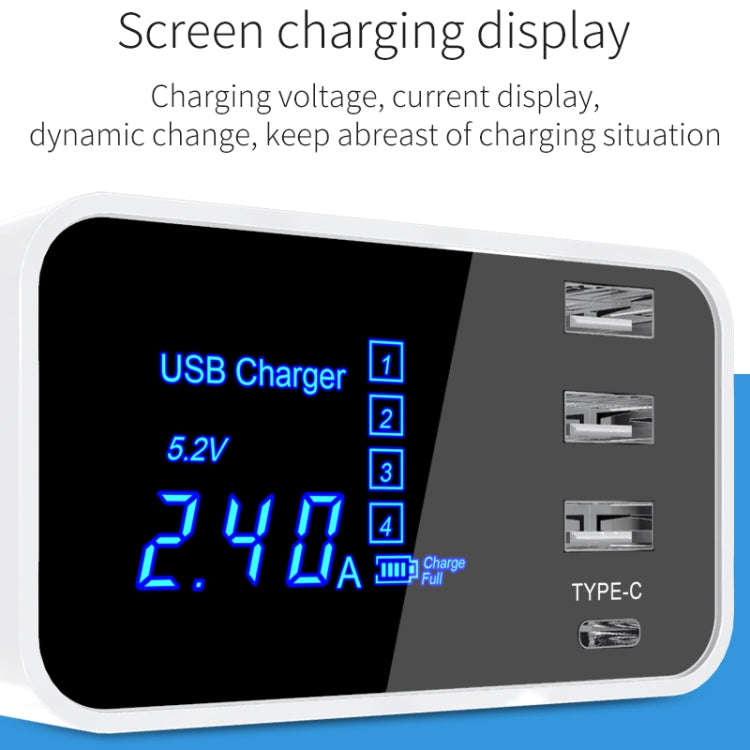 CDA30 20W 3 USB Ports + USB-C / Type-C Ports Multi-function Charger with LED Display, EU Plug