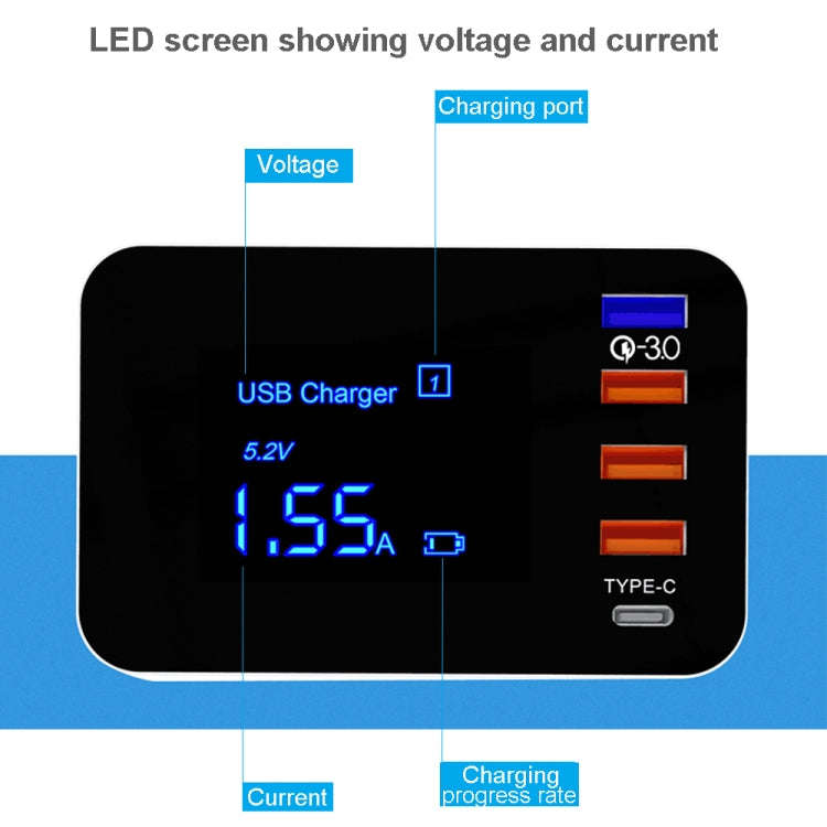 CDA33Q 40W QC 3.0 USB + 3 USB Ports + USB-C / Type-C Ports Multi-function Charger with LED Displa...