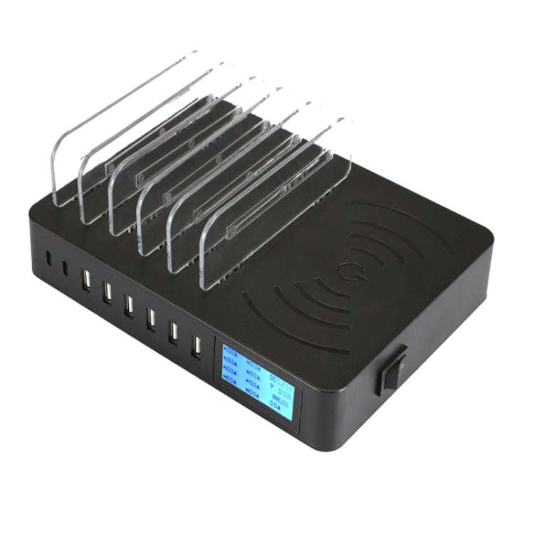 50W 6 USB Ports + 2 USB-C / Type-C Ports + Wireless Charging Multi-function Charger with LED Disp...