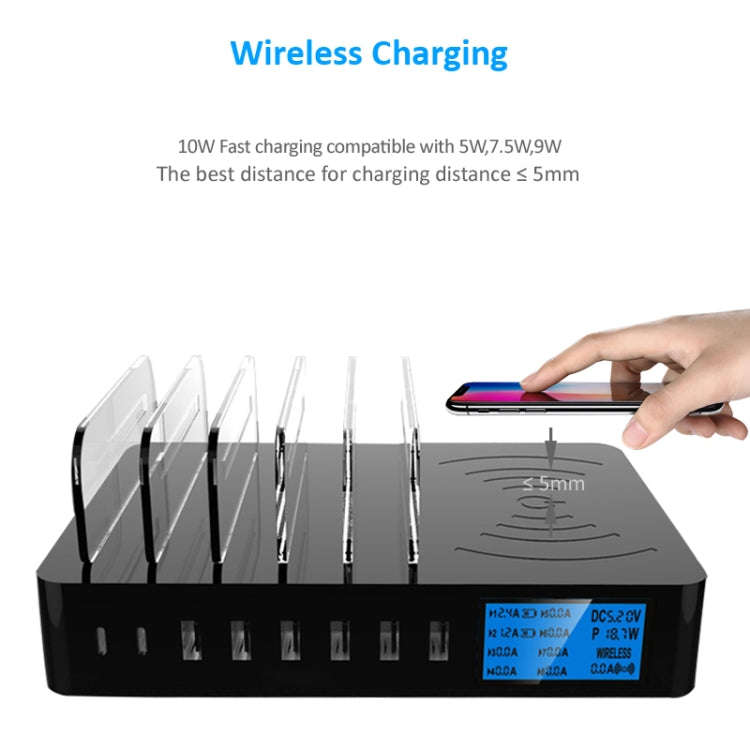 50W 6 USB Ports + 2 USB-C / Type-C Ports + Wireless Charging Multi-function Charger with LED Disp...