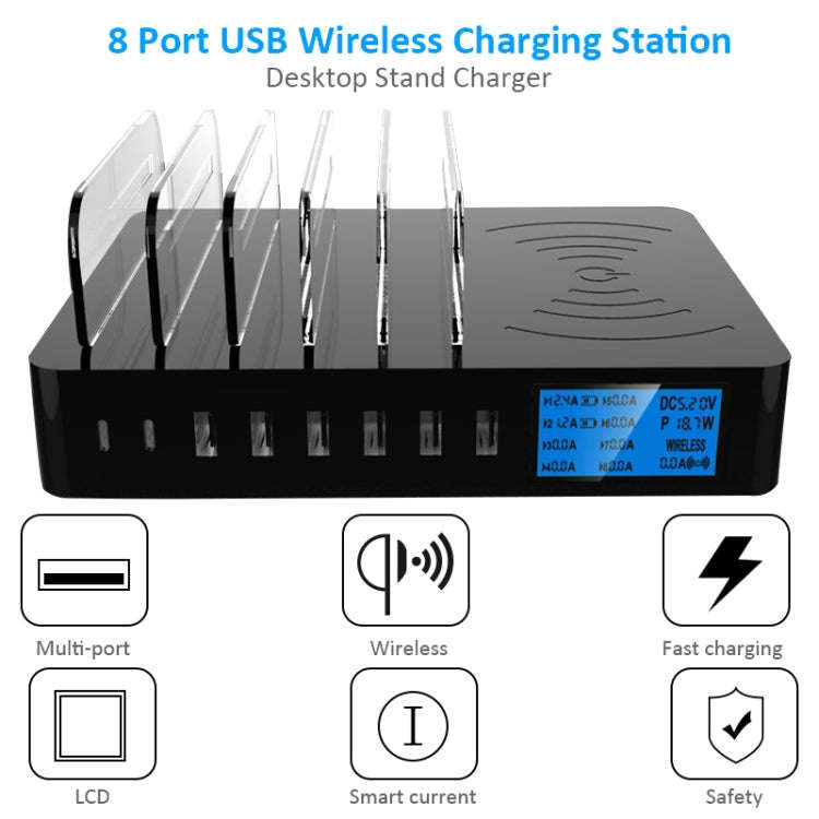 50W 6 USB Ports + 2 USB-C / Type-C Ports + Wireless Charging Multi-function Charger with LED Disp...