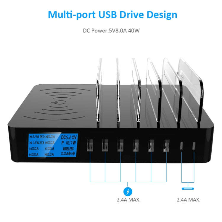 50W 6 USB Ports + 2 USB-C / Type-C Ports + Wireless Charging Multi-function Charger with LED Disp...