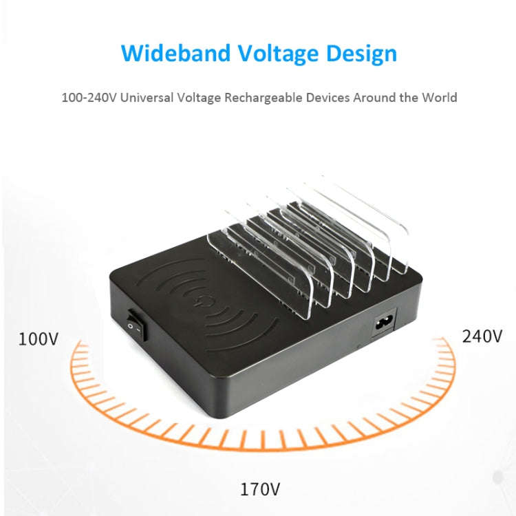 50W 6 USB Ports + 2 USB-C / Type-C Ports + Wireless Charging Multi-function Charger with LED Disp...