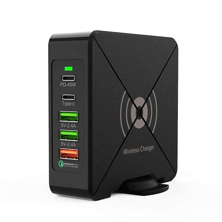 F88W 3 x USB + 2 x USB-C / Type-C Ports QC3.0 Desktop Charger with Wireless Charging Function