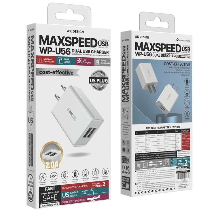 WK WP-U56 2A Dual USB Fast Charging Travel Charger Power Adapter, US Plug (White)