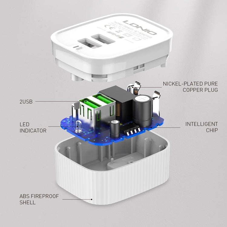 LDNIO A201 2.4A Dual USB Charging Head Travel Direct Charge Mobile Phone Adapter Charger With 8 P...