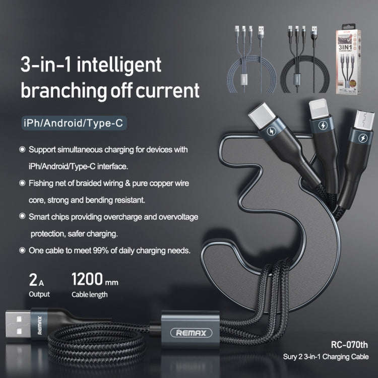 REMAX RC-070TH 1.2m 2A 3 in 1 USB to 8 Pin & USB-C / Type-C & Micro USB Charging Cable(Black)