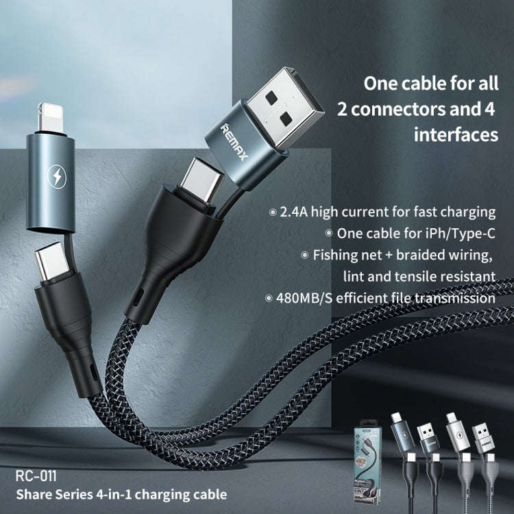 REMAX RC-011 1.2m 2.4A 4-in-1 USB to USB-C / Type-Cx2 + 8 Pin Fast Charging Data Cable(Black)