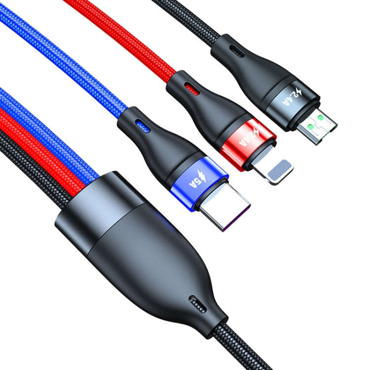 40W 5A USB to Micro USB + USB-C / Type-C + 8 Pin Fast Charging Data Cable, Cable Length: 1.2m