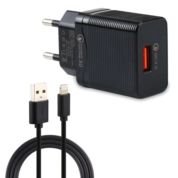 LZ-728 2 in 1 18W QC 3.0 USB Interface Travel Charger + USB to 8 Pin Data Cable Set, EU Plug, Cab...