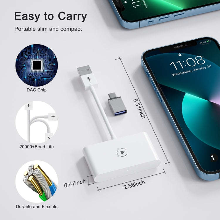 USB + USB-C / Type-C Wired to Wireless Carplay Adapter for iPhone(White)