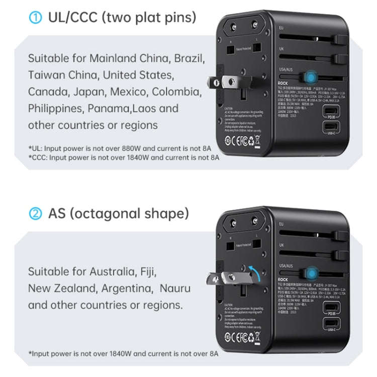 ROCK T62 35.5W Global Travel Multifunctional Plug PD Charger Power Adapter(Black)