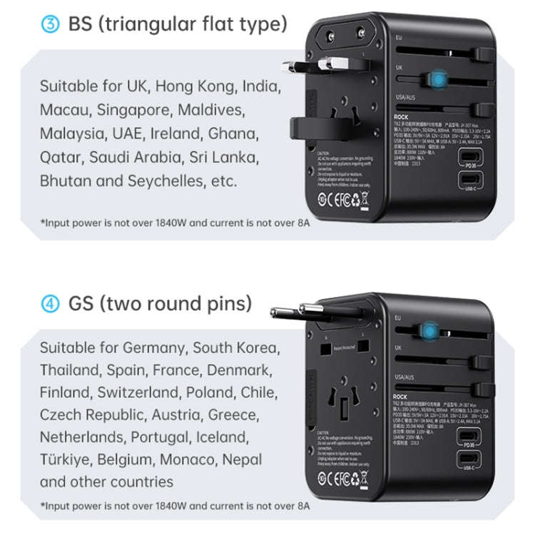 ROCK T62 35.5W Global Travel Multifunctional Plug PD Charger Power Adapter(Black)