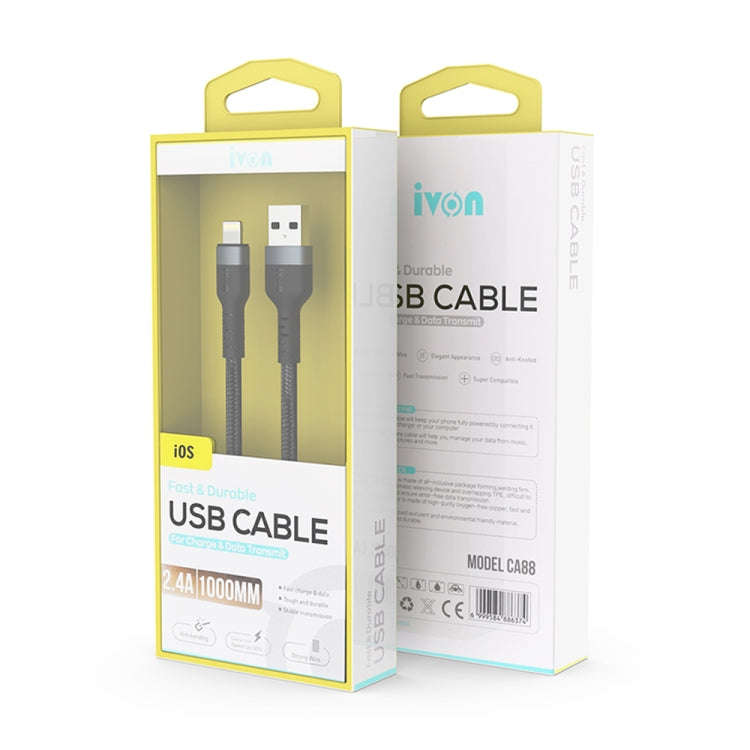 IVON CA88 12W 2.4A USB to USB-C / Type-C Nylon Braid Fast Charge Data Cable, Cable Length: 1m(Black)