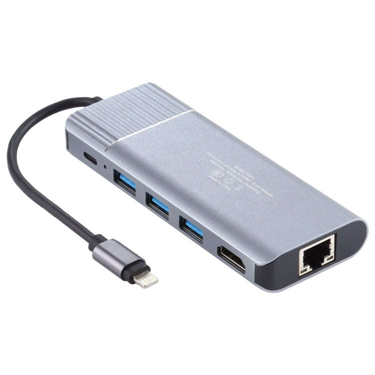 6 in 1 USB 2.0 x 3 + HDMI + RJ45 + 8 Pin Female Charging Port to 8 Pin Male Multi-function Dock S...