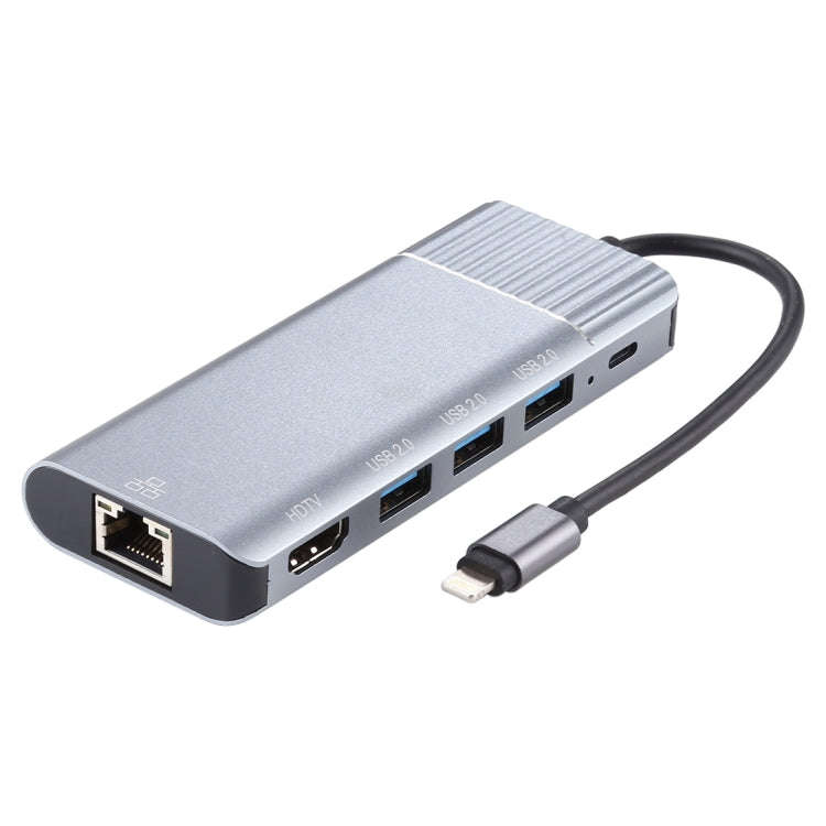 6 in 1 USB 2.0 x 3 + HDMI + RJ45 + 8 Pin Female Charging Port to 8 Pin Male Multi-function Dock S...