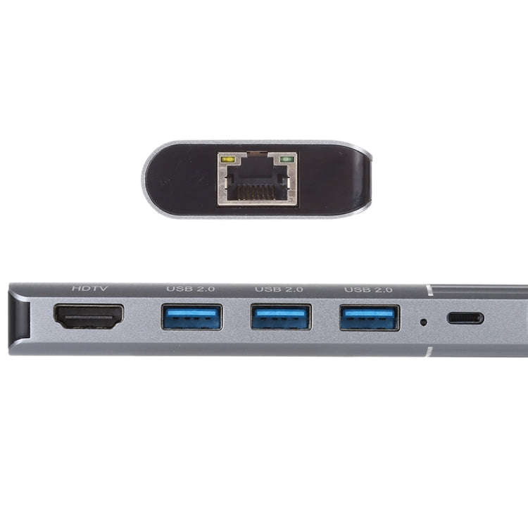 6 in 1 USB 2.0 x 3 + HDMI + RJ45 + 8 Pin Female Charging Port to 8 Pin Male Multi-function Dock S...