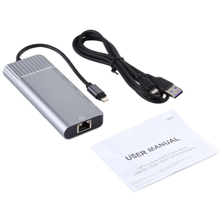 6 in 1 USB 2.0 x 3 + HDMI + RJ45 + 8 Pin Female Charging Port to 8 Pin Male Multi-function Dock S...