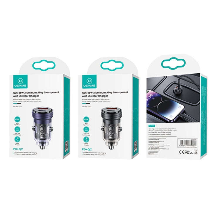 USAMS US-CC175 C35 45W Aluminum Alloy Transparent Dual USB Port Mini Car Charger (Black)