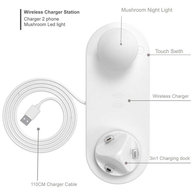HQ-UD11 10W 4 in 1 Mobile Phone Fast Wireless Charger with Mushroom LED Light & Phone Holder, Len...