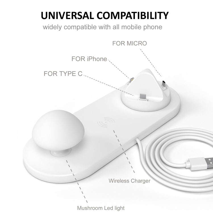 HQ-UD11 10W 4 in 1 Mobile Phone Fast Wireless Charger with Mushroom LED Light & Phone Holder, Len...