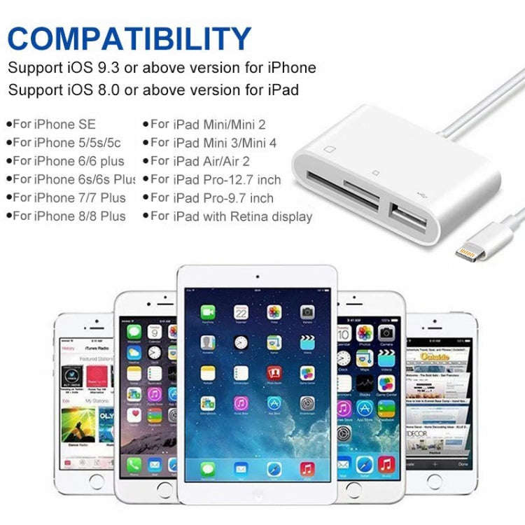 NK-1081 8 Pin to SD + TF + USB Port Camera Reader Adapter, Support iOS 9.2 or Above (White)