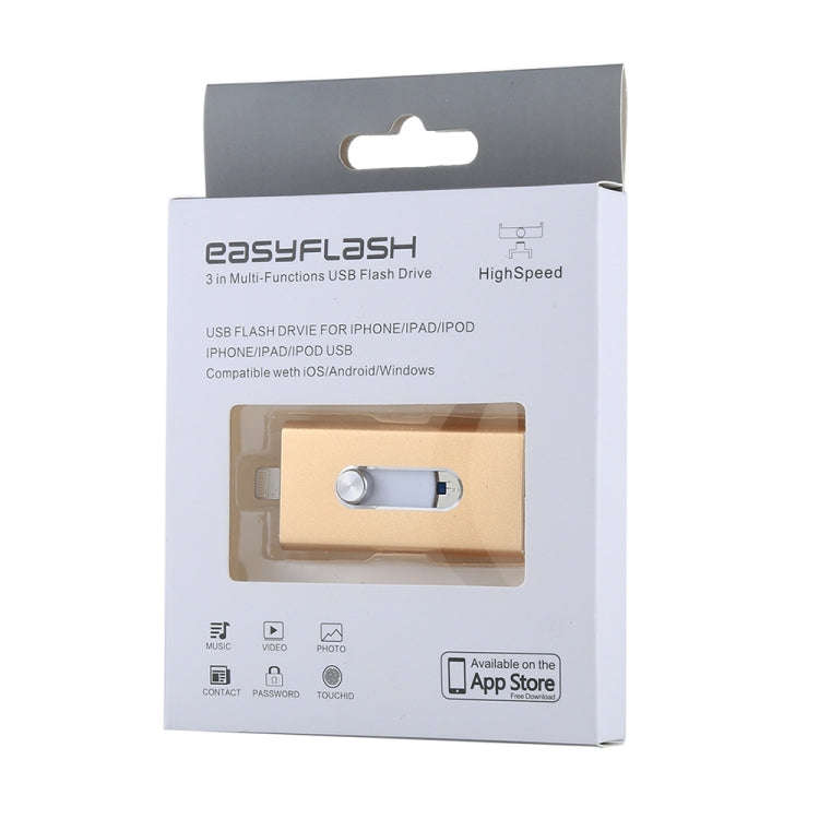RQW-02 3 in 1 USB 2.0 & 8 Pin & Micro USB 128GB Flash Drive(Gold)