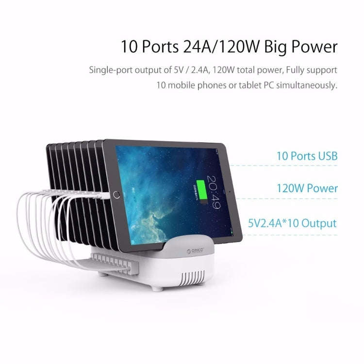 ORICO DUK-10P 120W 10 USB Ports Smart Charging Station with Phone & Tablet Stand, EU Plug(White)