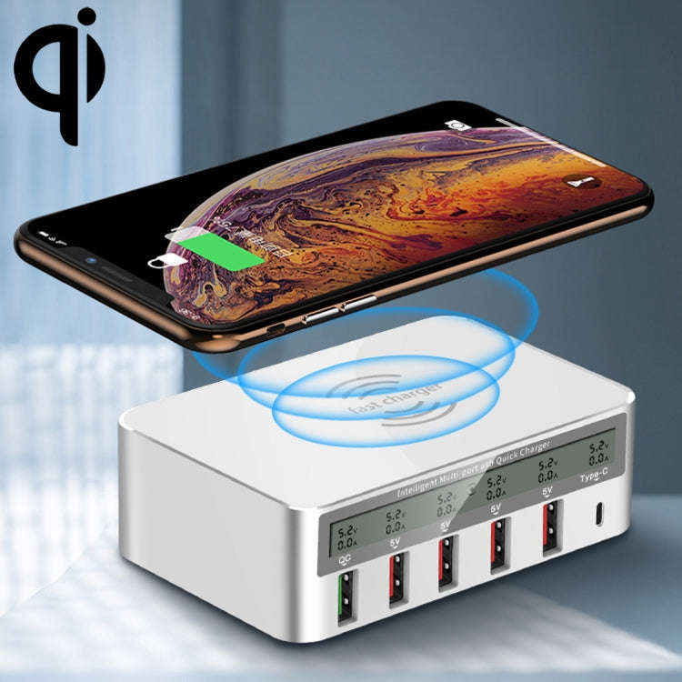 WLX-818F 6 in 1 10W QC3.0 Wireless Charging + USB-C / Type-C + 4 USB Ports Charger with Smart LCD...