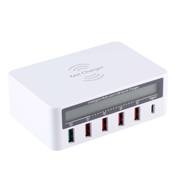 WLX-818F 6 in 1 10W QC3.0 Wireless Charging + USB-C / Type-C + 4 USB Ports Charger with Smart LCD...