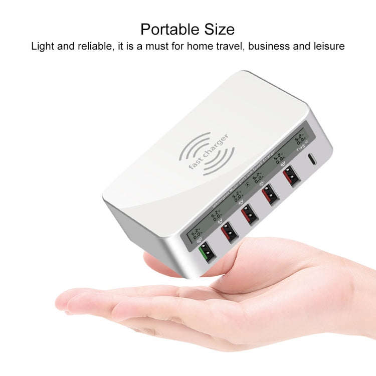 WLX-818F 6 in 1 10W QC3.0 Wireless Charging + USB-C / Type-C + 4 USB Ports Charger with Smart LCD...