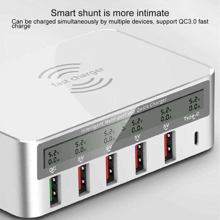 WLX-818F 6 in 1 10W QC3.0 Wireless Charging + USB-C / Type-C + 4 USB Ports Charger with Smart LCD...