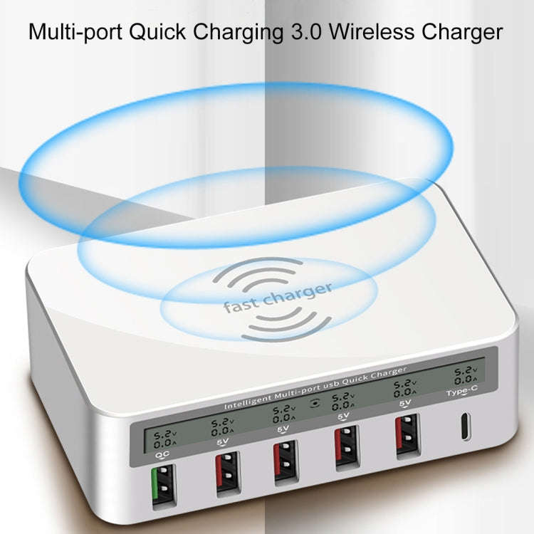 WLX-818F 6 in 1 10W QC3.0 Wireless Charging + USB-C / Type-C + 4 USB Ports Charger with Smart LCD...