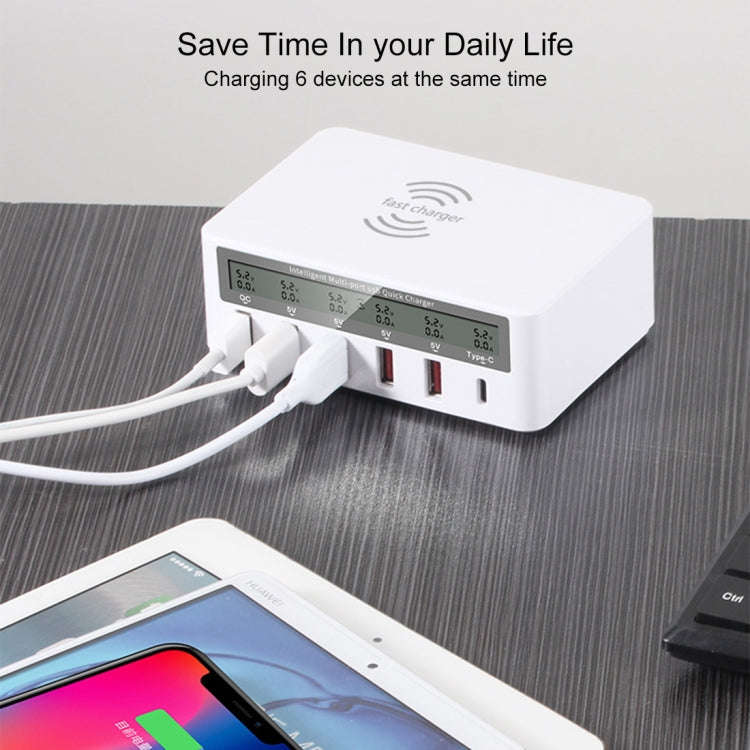 WLX-818F 6 in 1 10W QC3.0 Wireless Charging + USB-C / Type-C + 4 USB Ports Charger with Smart LCD...