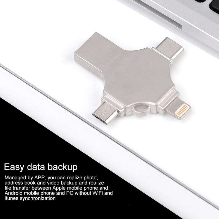 Cross 4 in 1 32GB 8 Pin + Micro USB + USB-C / Type-C + USB 3.0 Metal Flash Disk(Silver)