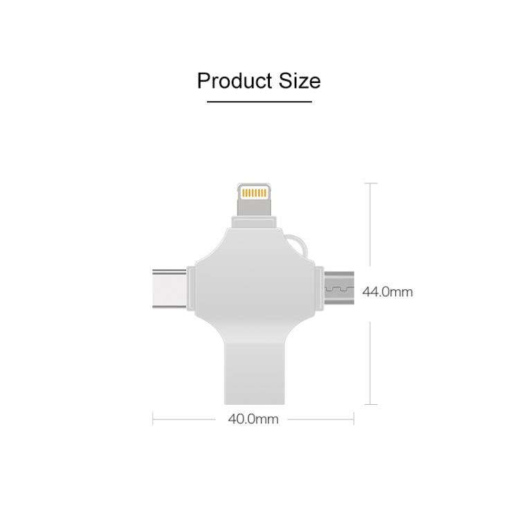 Cross 4 in 1 32GB 8 Pin + Micro USB + USB-C / Type-C + USB 3.0 Metal Flash Disk(Silver)