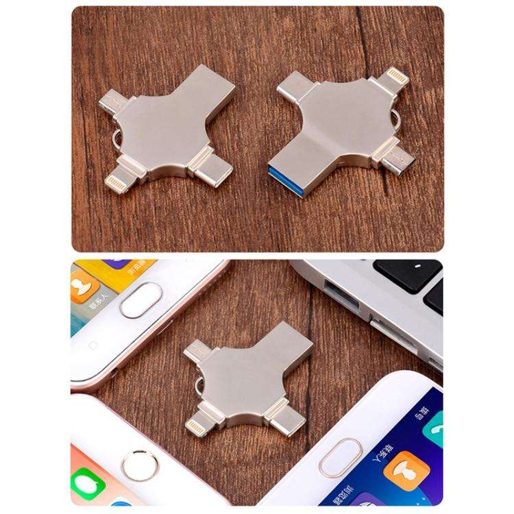 Cross 4 in 1 32GB 8 Pin + Micro USB + USB-C / Type-C + USB 3.0 Metal Flash Disk(Silver)