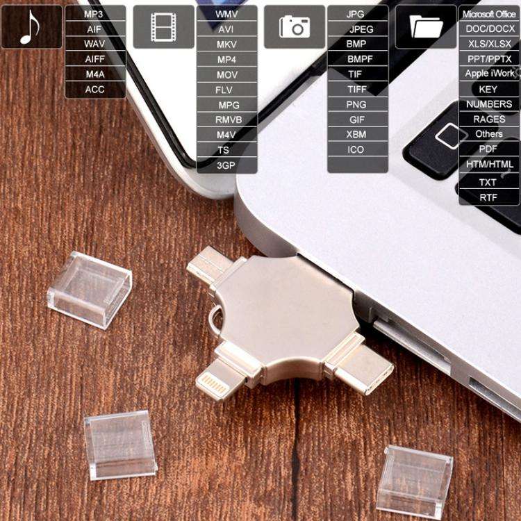 Cross 4 in 1 32GB 8 Pin + Micro USB + USB-C / Type-C + USB 3.0 Metal Flash Disk(Silver)