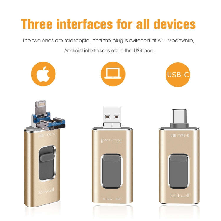Richwell 3 in 1 16G Type-C + 8 Pin + USB 3.0 Metal Push-pull Flash Disk with OTG Function(Gold)