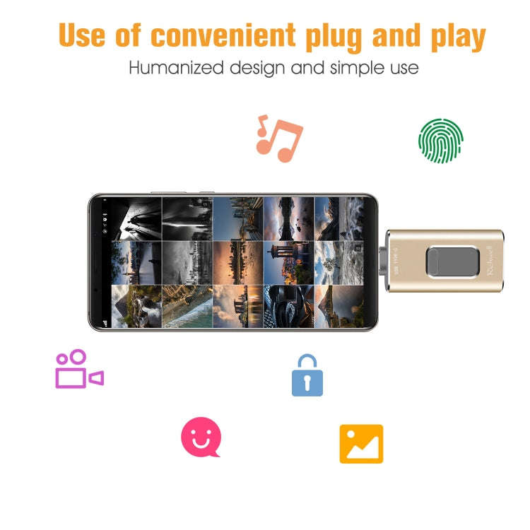 Richwell 3 in 1 16G Type-C + 8 Pin + USB 3.0 Metal Push-pull Flash Disk with OTG Function(Gold)