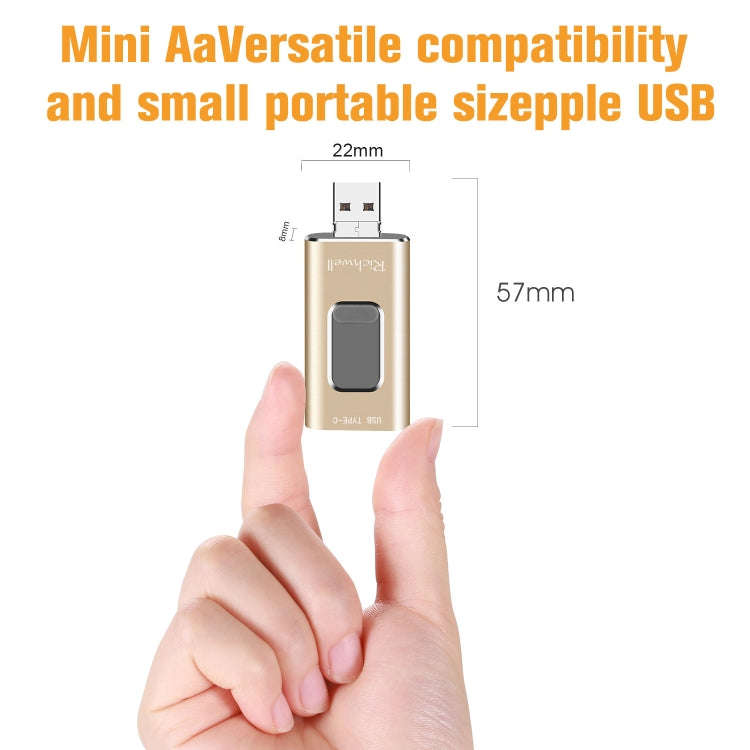 Richwell 3 in 1 16G Type-C + 8 Pin + USB 3.0 Metal Push-pull Flash Disk with OTG Function(Gold)