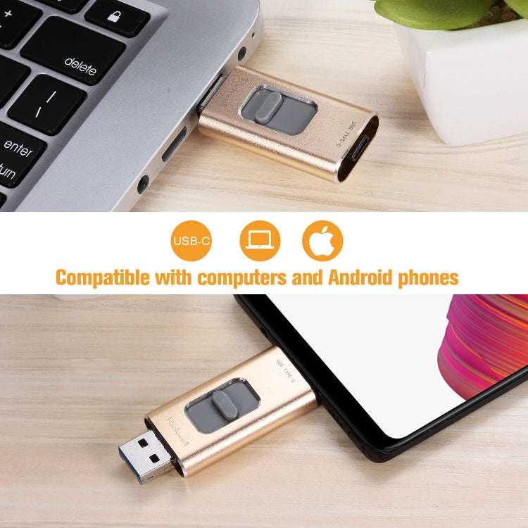 Richwell 3 in 1 16G Type-C + 8 Pin + USB 3.0 Metal Push-pull Flash Disk with OTG Function(Gold)