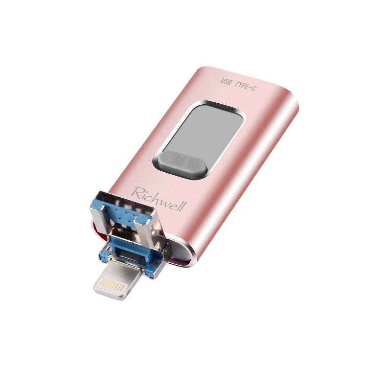 Richwell 3 in 1 128G Type-C + 8 Pin + USB 3.0 Metal Push-pull Flash Disk with OTG Function(Rose G...