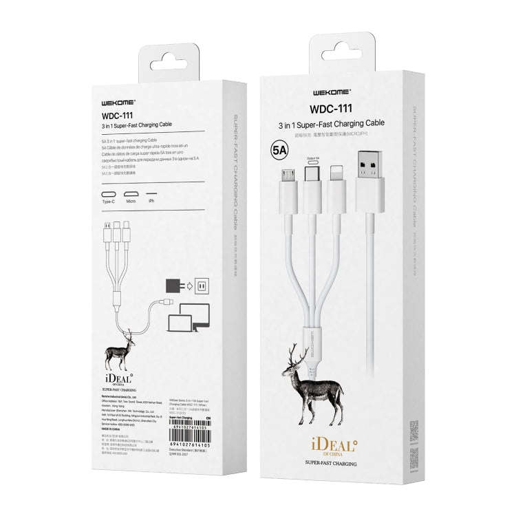 WK WDC-111 5A 3 In 1 8 Pin + Micro + Type-C / USB-C Multi-function Super-fast Charging Cable, Len...