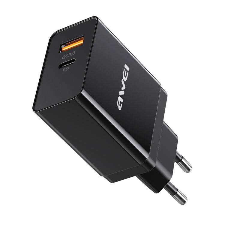 awei C-980 18W PD USB-C / Type-C + QC 3.0 USB Interface Fast Charging Travel Charger, EU Plug(Black)